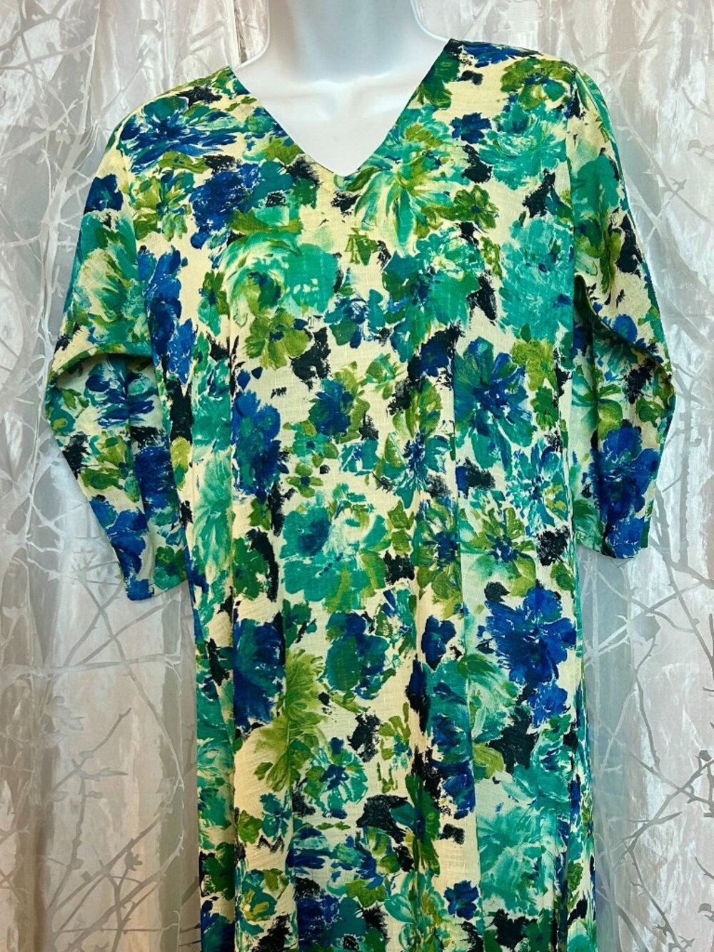 Vintage Lades Barkcloth blue floral dress Size Large
